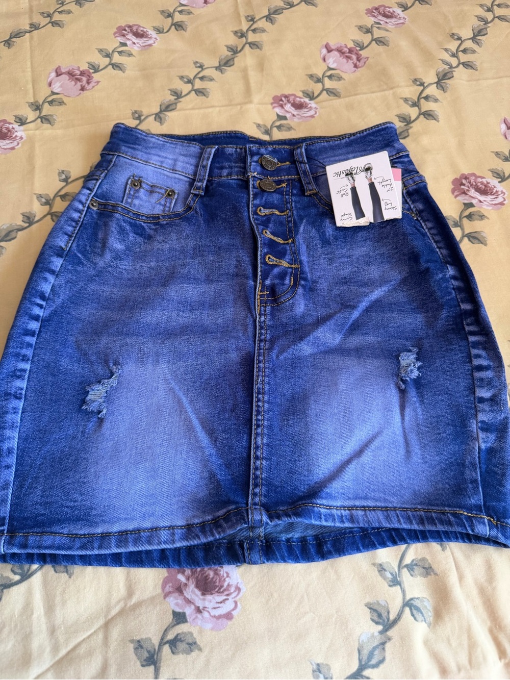 Majestic Blue Distressed High-Rise Button Mini Skirt